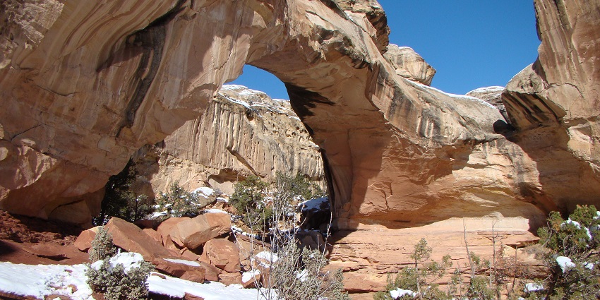 Image of the Hickman Bridge in snow, a popular place near Capitol Reef National Park, Utah, USA.