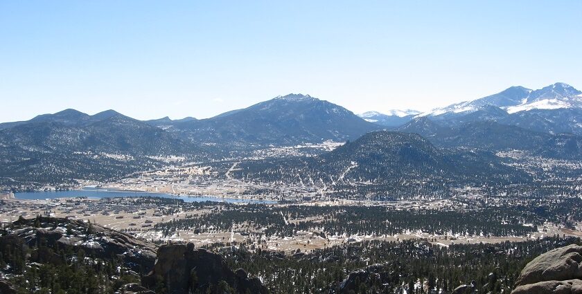 A Beautiful Panoramic view of Estes Park, taken at an altitude of about 9,000 feet.