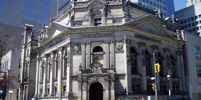 A distant view of the spectacular Hockey Hall of Fame, which is a museum building.