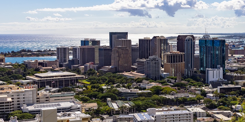 An aerial view of the beautiful city of Honolulu taken from the National Memorial in Hawaii.