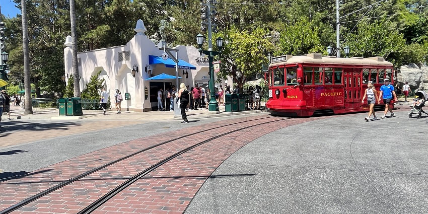 Entrance of Disney California Adventure Park in July 2023, with colourful art deco design