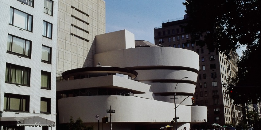 Close-up of the Guggenheim Museum New York, highlighting Frank Lloyd Wright's spiral design