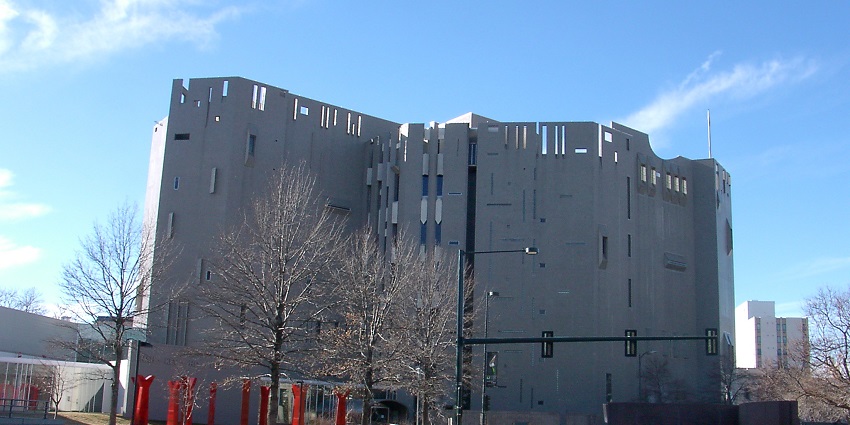 Close-up of the Denver Art Museum's main building featuring angular architecture