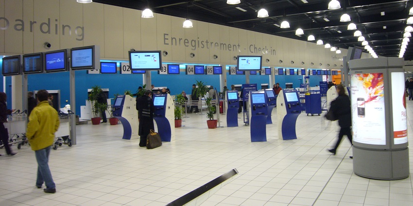 Check-in counters at the Charles de Gaulle International Airport.