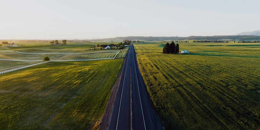 A view of a road leading to the Marble Palace Zoo, surrounded by green fields.