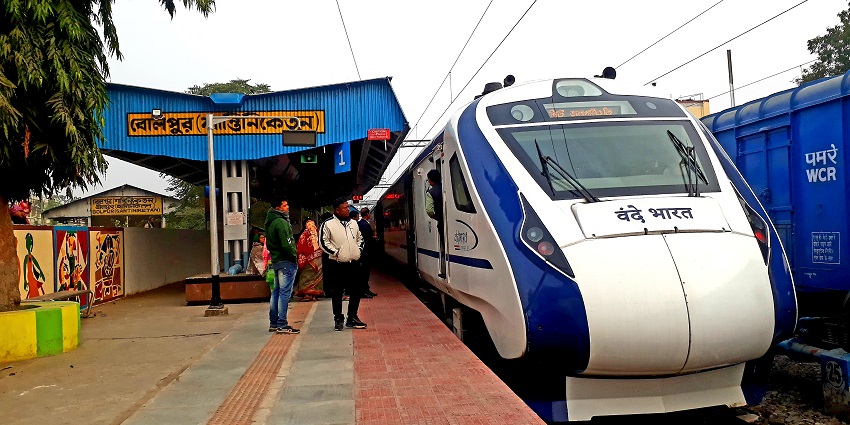 A picture of Shantiniketan Railway Station with a train on the track.