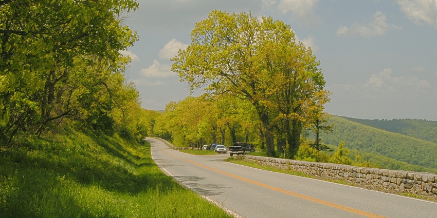 Mountain view from Naked Creek Overlook in Shenandoah National Park, Virginia, with green forests.