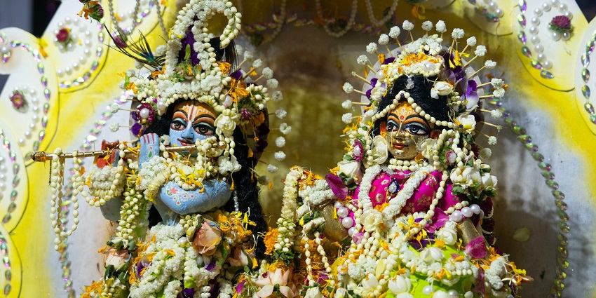 An image of Lord Radha Krishna in a temple similar to one of the holy ISKCON temples in USA