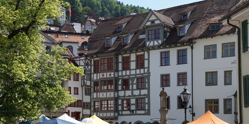 Shopping in Switzerland street with shops, souvenirs, and Swiss-made products.