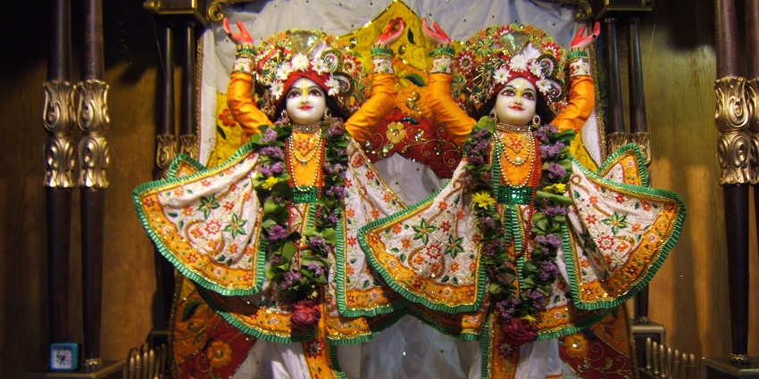 Idols of Radha-Krishna in one of the Iskcon temples.