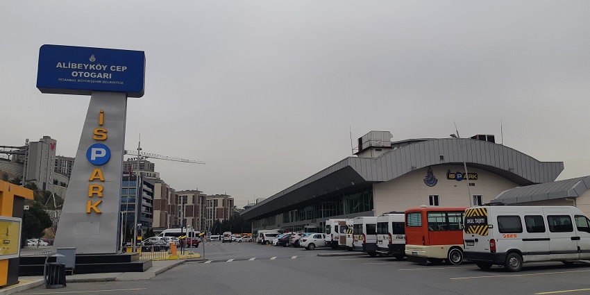 Minibus terminal serving local and regional transportation needs in Istanbul.