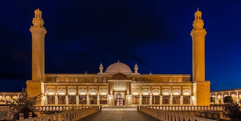 Panoramic image of the beautiful mosque in the city of Azerbaijan near the Jinn Mosque