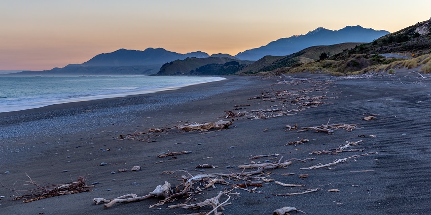 Kaikoura Beach near Christchurch offers beautiful views of the sunset on the beach
