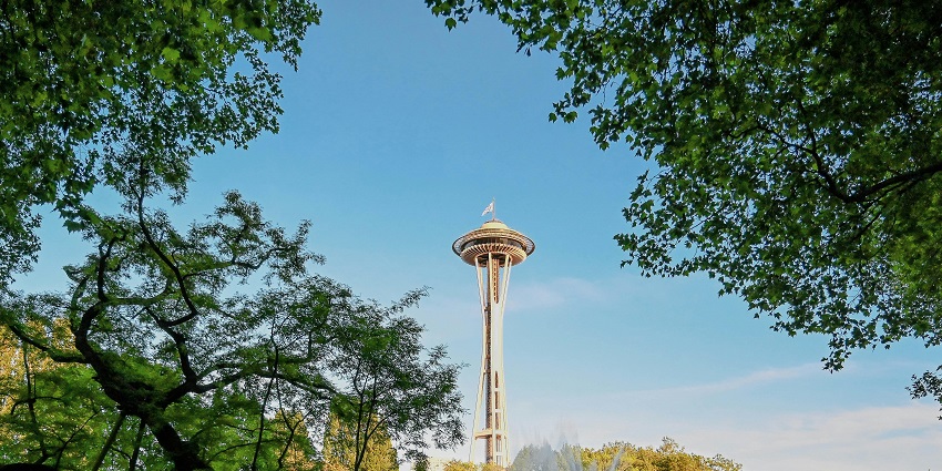 The view from Kerry Park of the Downtown Seattle Skyline in Seattle, Washington.