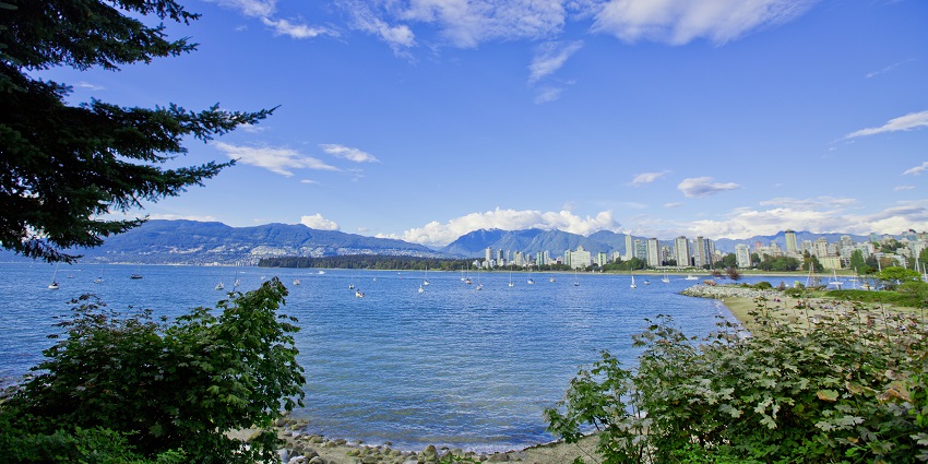 Multiple yachts floating on the clean water body can be seen from the Kitsilano Beach.