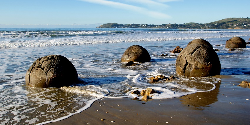 Spot ancient rocks group at Koekohe Beach in New Zealand