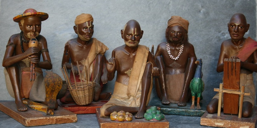 Clay models, possibly religious figures, on display at a market near Mayapur Temple.