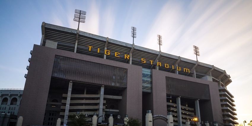 The side of LSU Tiger Stadium, a large sports arena, is one of the places in Louisiana.