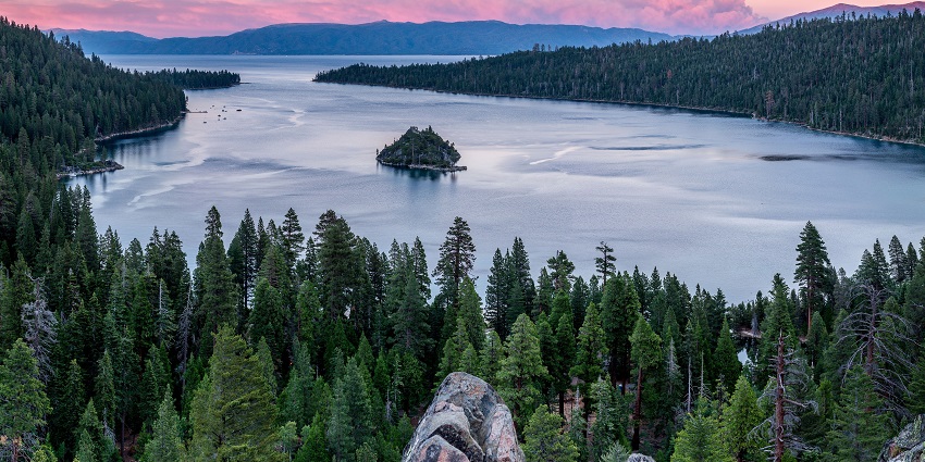 The stunning photograph of the Emerald Bay in Lake Tahoe during the golden hour, California.