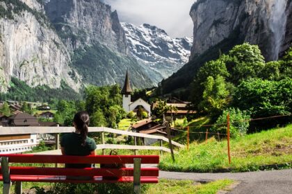 Image of picturesque Lauterbrunnen waterfalls with breathtaking cliffs and cascades