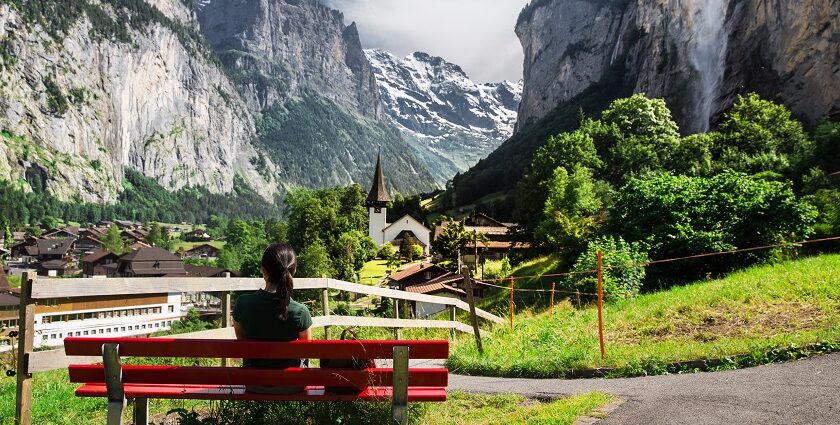 Image of picturesque Lauterbrunnen waterfalls with breathtaking cliffs and cascades