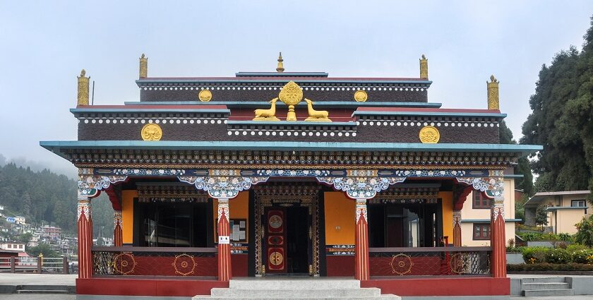 An image of Lava Monastery nestled in the Himalayan foothills, showcasing its architecture