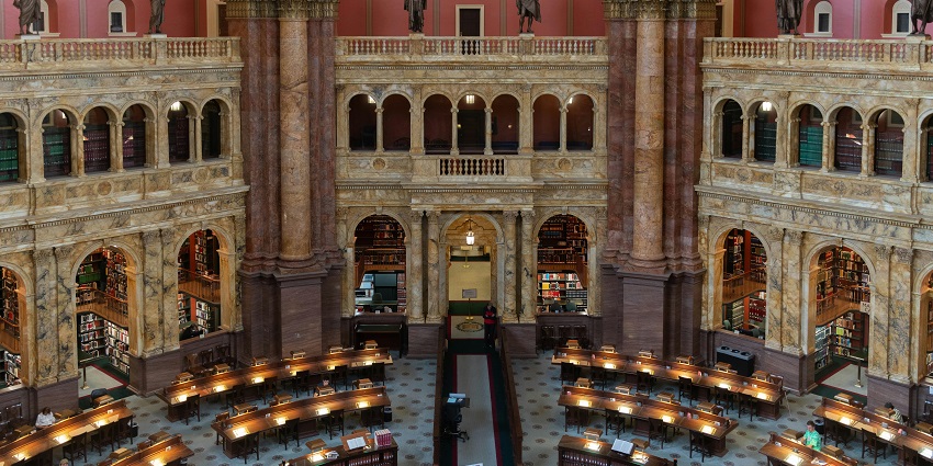 Inside view of the Library of Congress showcasing its beautiful interior architecture.