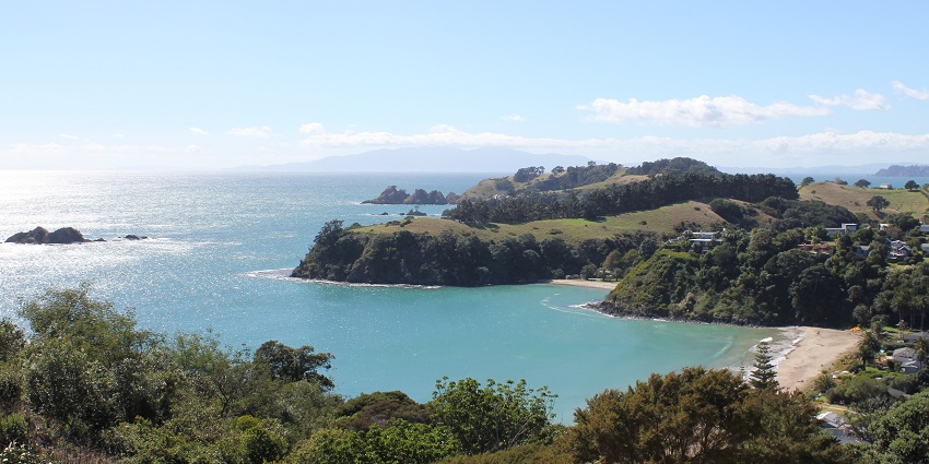 A beautiful view of Little Palm Beach on Waiheke Island in Zealand