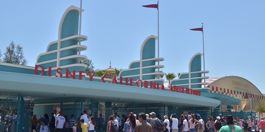 Scenic view of Disney California Adventure Park with visitors and iconic Pixar Pal-A-Round