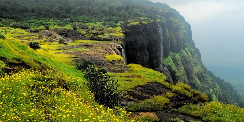 An image of the valley of Naneghat with the whole armour of the Western Ghats.