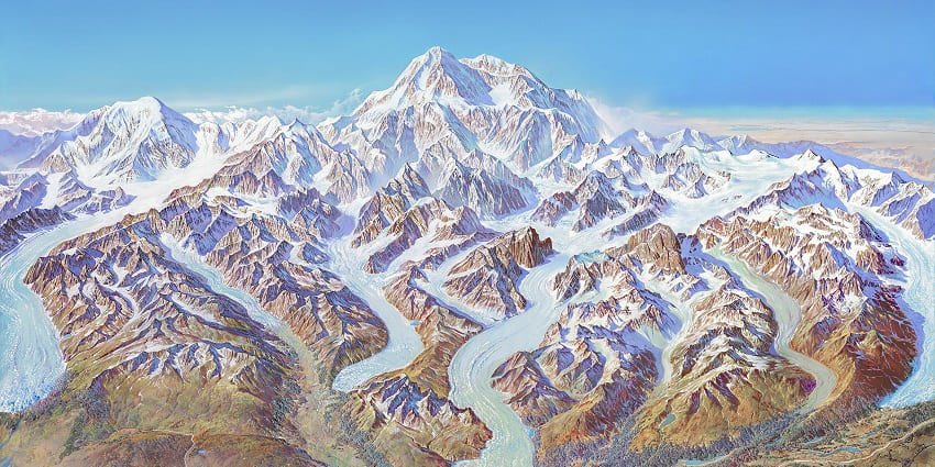 A scenic view of Denali National Park with beautiful mountains and vast wilderness.