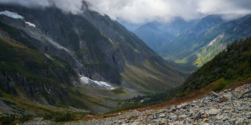 Boulder field in North Cascades National Park, featuring large rocks and rugged terrain.