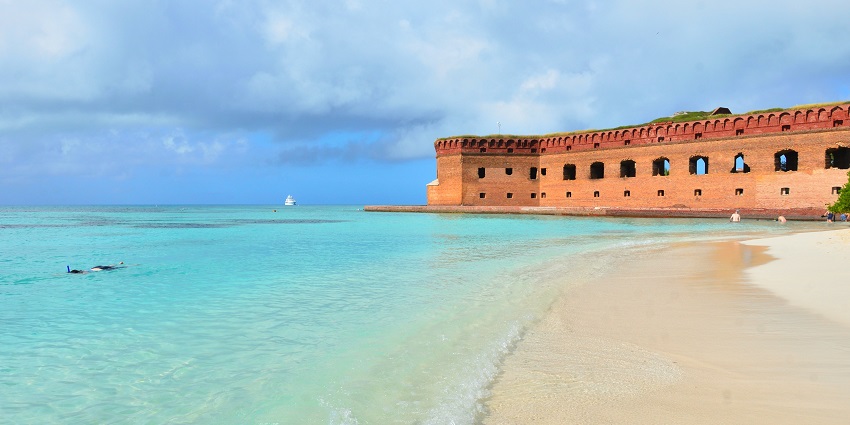 The image shows an aerial view of Fort Jefferson, located in Dry Tortugas National Park.