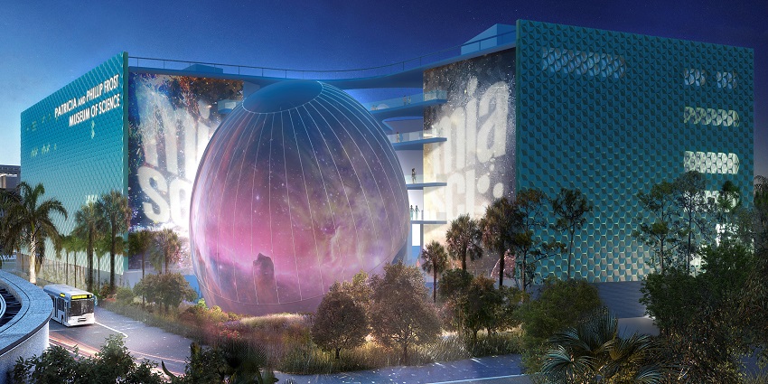 Phillip & Patricia Frost Museum of Science showing visitors and a large spherical planetarium.