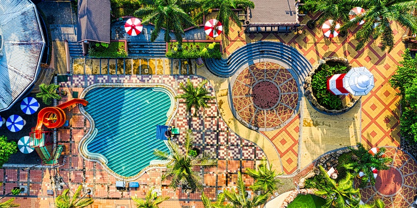 An image of a water parks in Greater Noida with an aerial view of the swimming pool.