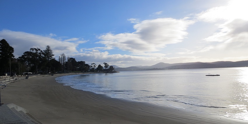 Early morning view of Long Beach, one of the famous beaches in Hobart, Tasmania.