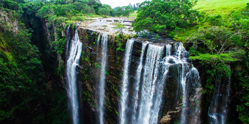 A beautiful view and heavy flow of water at the Magwa Waterfall.