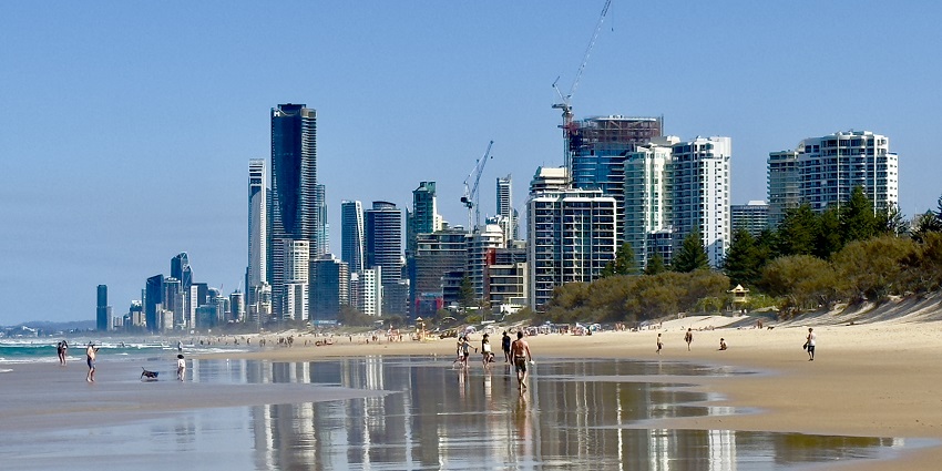 Amazing view of tall buildings seen from the Main Beach in Brisbane, Australia