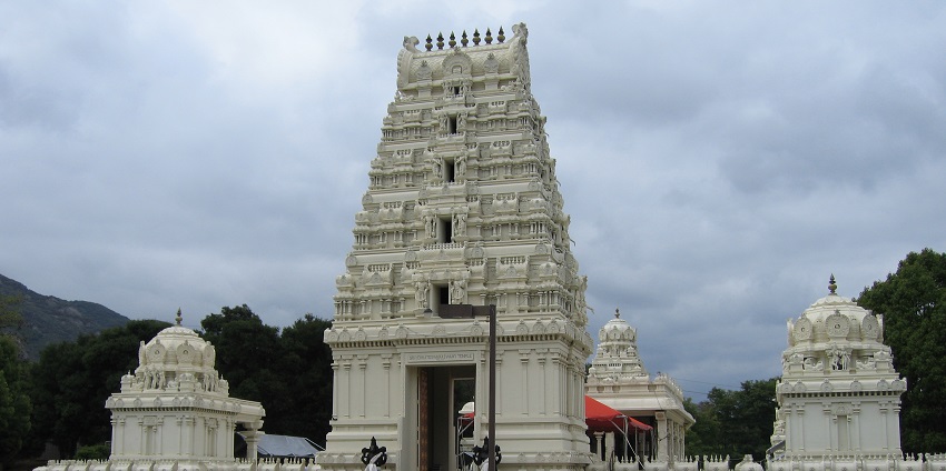 An image of Malibu Hindu Temple, a famous temple in California with traditional architectural details.