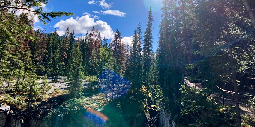 A bright, sunny day in Maligne Canyon, a popular destination near Jasper National Park