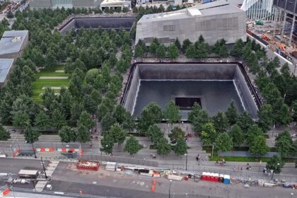 An aerial view of the 9/11 Memorial and Museum, showcasing the Twin Towers' footprints.