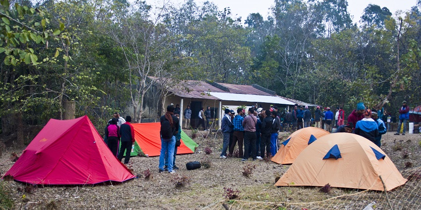Camping in Shivpuri Rishikesh with stunning mountain views and outdoor activities