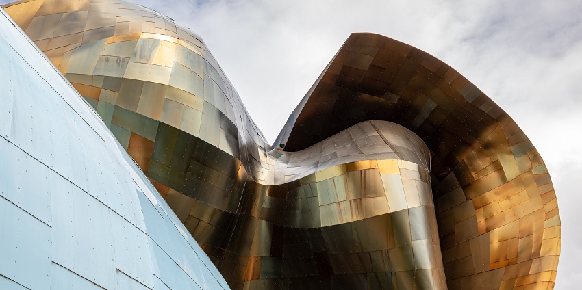 The image of the part of the facade of the Museum of Pop Culture in Seattle, Washington.