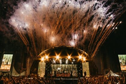 Concert at a music festival at night with fireworks and a crowd raising their hands.