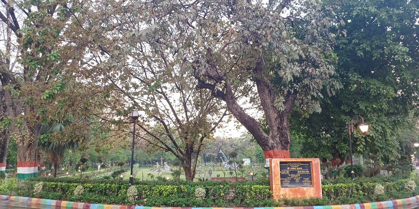 An image of Nana Rao Park with plants, water features and bright pavements.