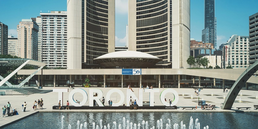 Nathan Phillips Square, in the middle of which there is a big nameplate of Toronto.