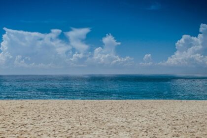 A colourful beach scene with a boat on the sand, clear blue water, and palm trees in the sun.