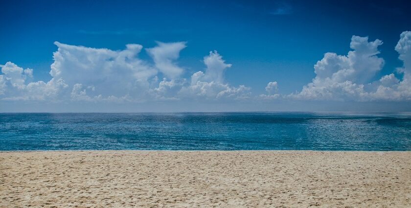 A colourful beach scene with a boat on the sand, clear blue water, and palm trees in the sun.