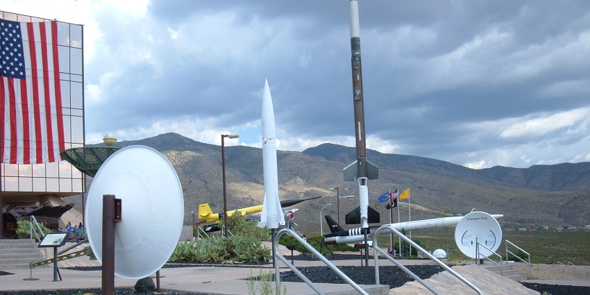 A pair of parabolic whisper dishes at the New Mexico Museum of Space History.