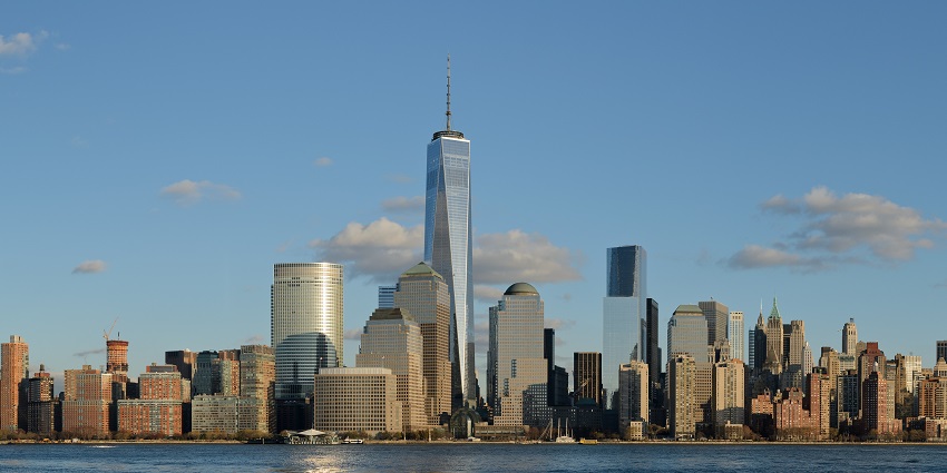 A panorama view of the four-segment Lower Manhattan from New Jersey City, USA.